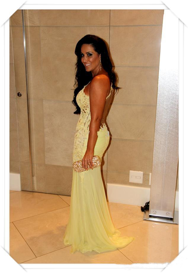 Yellow Mermaid Oscar Lace Sleeve Prom Sheer Chiffon Evening Gowns Long Celebrity Red Carpet Dresses One Shoulder Neckline