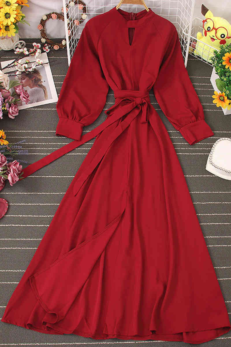 Autumn Winter Vintage Solid Full Dress A Line O Neck With Belt High Waist Slim Mid-Calf Women Dress 210521