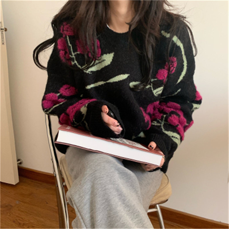 Vintage Print Elegant Loose Knitted Pullovers Embroidery Winter Sweater Women OL Outwear Tops Sweaters Female 210421