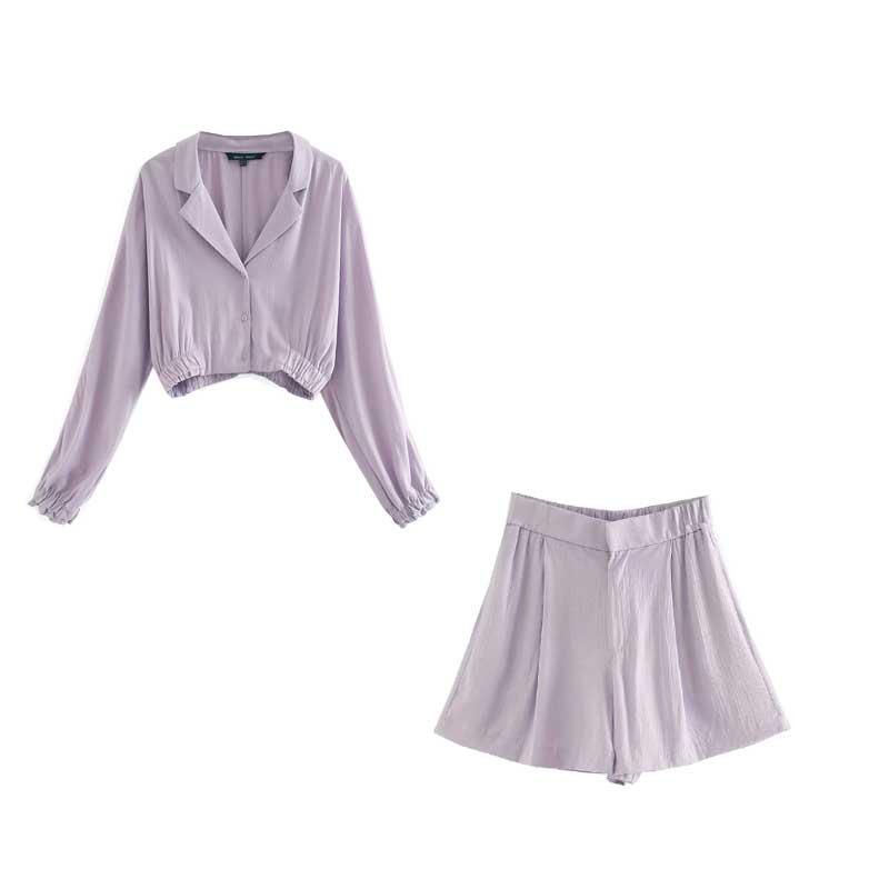 Simple Summer Women Two Pieces Sets Vintage Turn Down Collar Long Sleeve Shirt Blouse Shorts Suit Female Casual Clothes Piece Dress