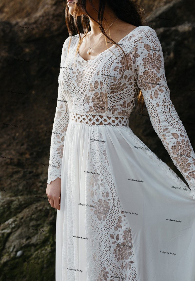 Crochet Cotton Lace Wedding Dresses 2021 Hippie Beach Boho Fairy Chiffon Skirt Long Sleeve Champagne Lining Bridal Gown