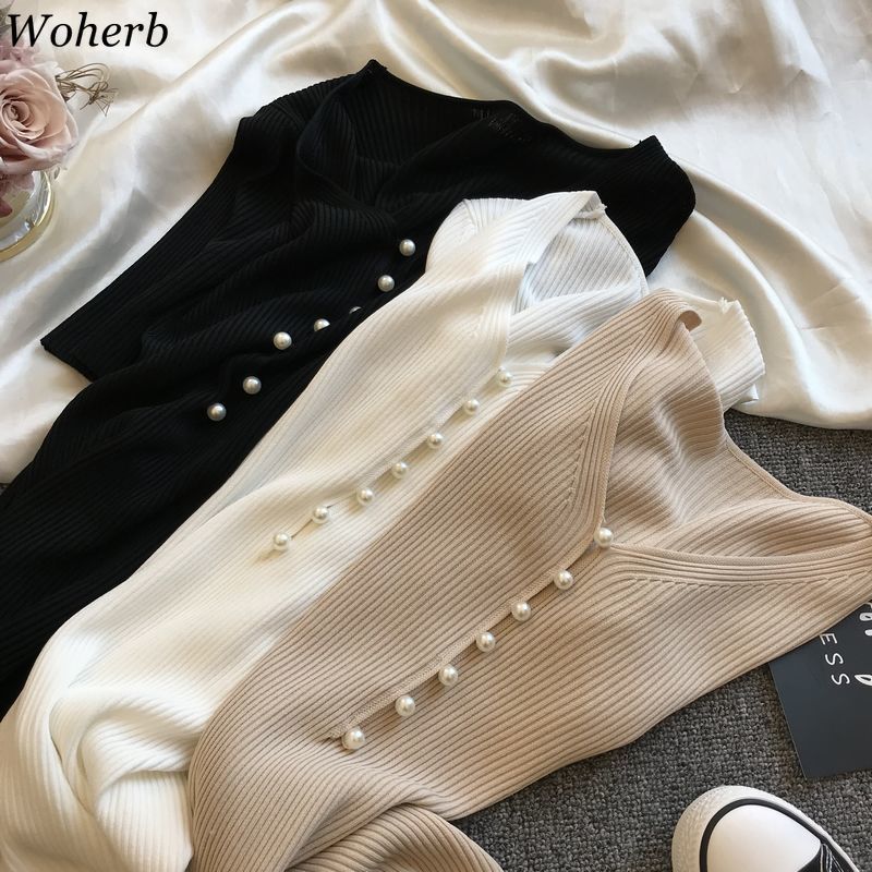 Pearl Button V Neck T Shirts Women Summer Casual Basic Short Sleeve Knitted Tops Fashion Elegant Thin Sweater Shirt 210519