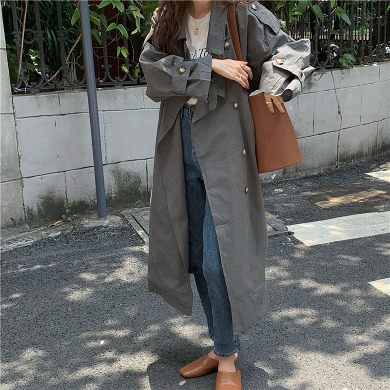 Minimalist Double-breasted Long Trench Coat Elegant OL Overcoat Autumn Solid Work Sleeve Lapel Windbreaker 210421