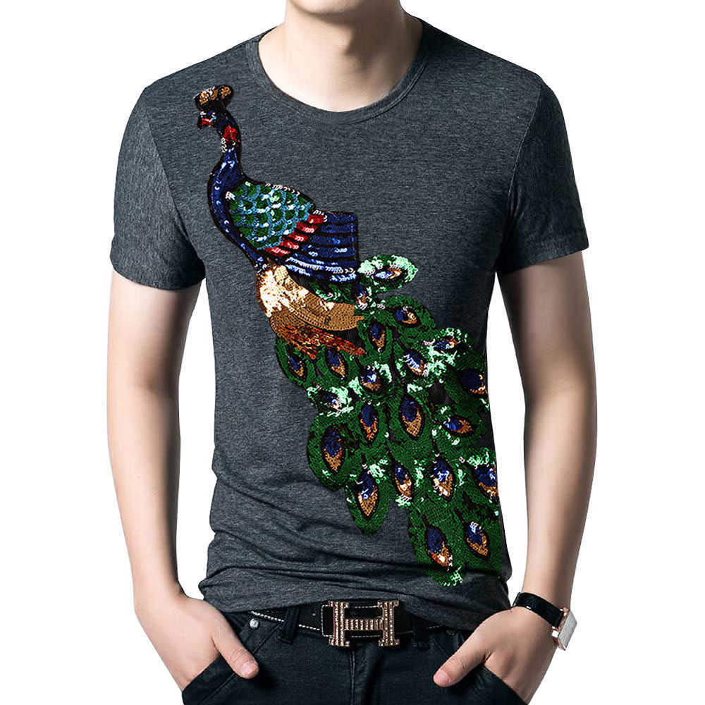 Summer Elegant T-shirt Men's Peacock Sequined Sequins T shirts Men Fashion Cotton Tops Tee Shirt Male Sakura Clothes 210707
