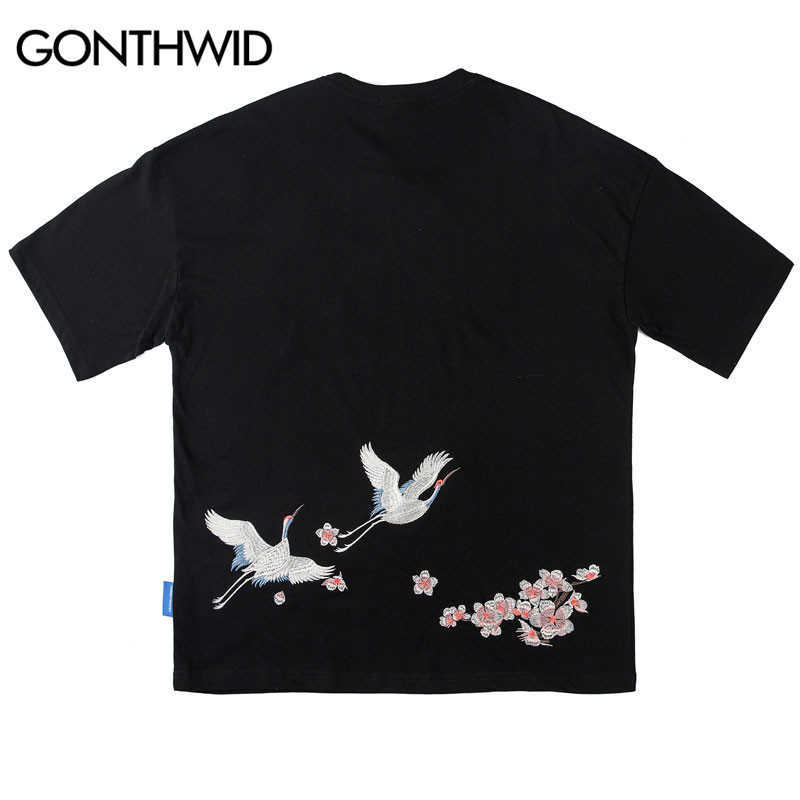 GONTHWID Harajuku Embroidery Cranes Cherry Blossoms Flowers T-Shirts Men Casual Short Sleeve Top Tees Hip Hop Streetwear Tshirts 210623