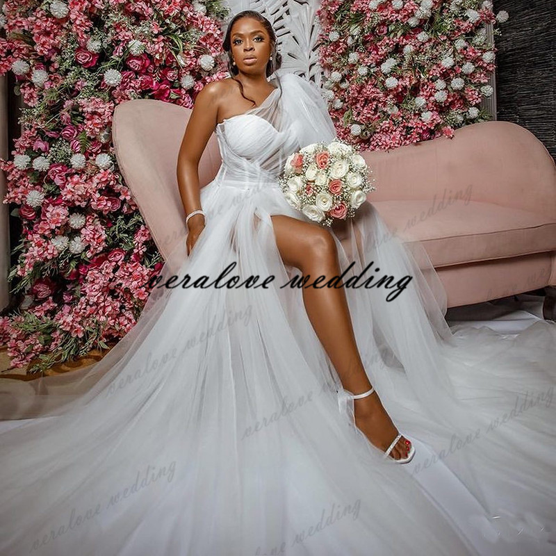 One Shoulder Beach Boho Wedding Dress 2021 Side Split Vestido de Noiva Tulle Sweep Train Princess Wedding Gowns for Russia