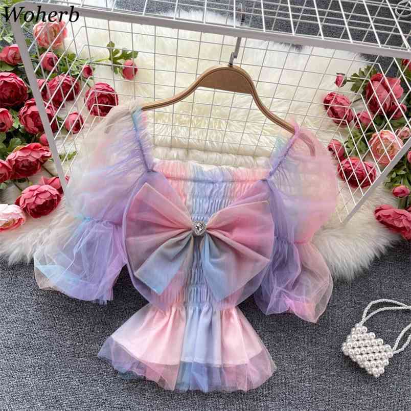 Rainbow Gauze Blouses Women Elegant Sweet Bow Blusas Mujer Puff Sleeve Square Collar Sexy Pleated Shirts Summer Crop Tops 210519
