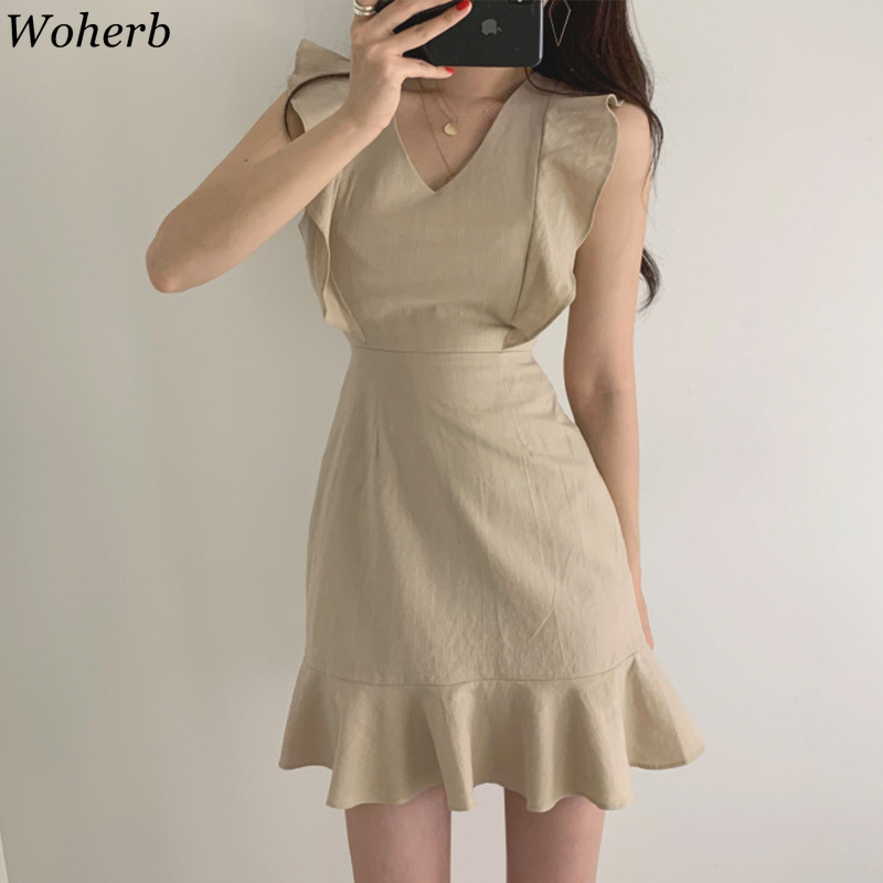 Elegant Mini Dress Women V Neck Sleeveless Robe Ruffle Flying Sleeve Bodycon Slim Vestidos Korean Ruffles Mermaid Dresses 210519