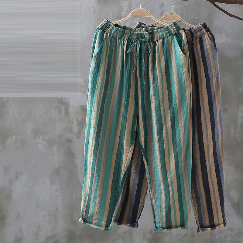 Summer Fashion Women Pants Plus Size Loose Casual Elastic Waist Striped Harem Vintage Cotton Linen Ankle-length D125 210512