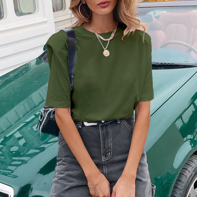 Round Neck Pad Shoulder Woman Tshirts Summer Short Sleeve Fashion Solid Tees For Women Casual T-shirt Tops Clothing 210510