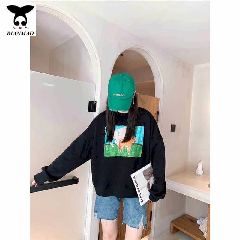 Women's casual sweatshirt cotton Korean style nice lazy loose cartoon comic print wild long-sleeved female top shirt 210526