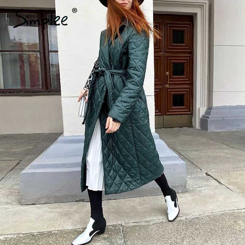 Long straight winter coat with rhombus pattern Casual sashe parkas Deep pockets tailored collar stylish outerwear 211108