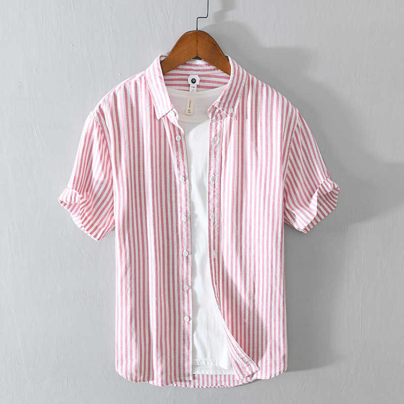 Summer and Spring Men Short Sleeve Striped Shirt Loose Cotton Casual Youth Top Workwear Khaki Blue GCL867 210721