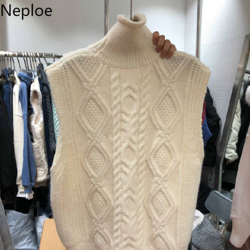Neploe Temperament Turtleneck Knitwear Pullovers Vest Female Winter Clothes Solid Color Knitted Ribbes Waistcoat Women Tank Tops 210422