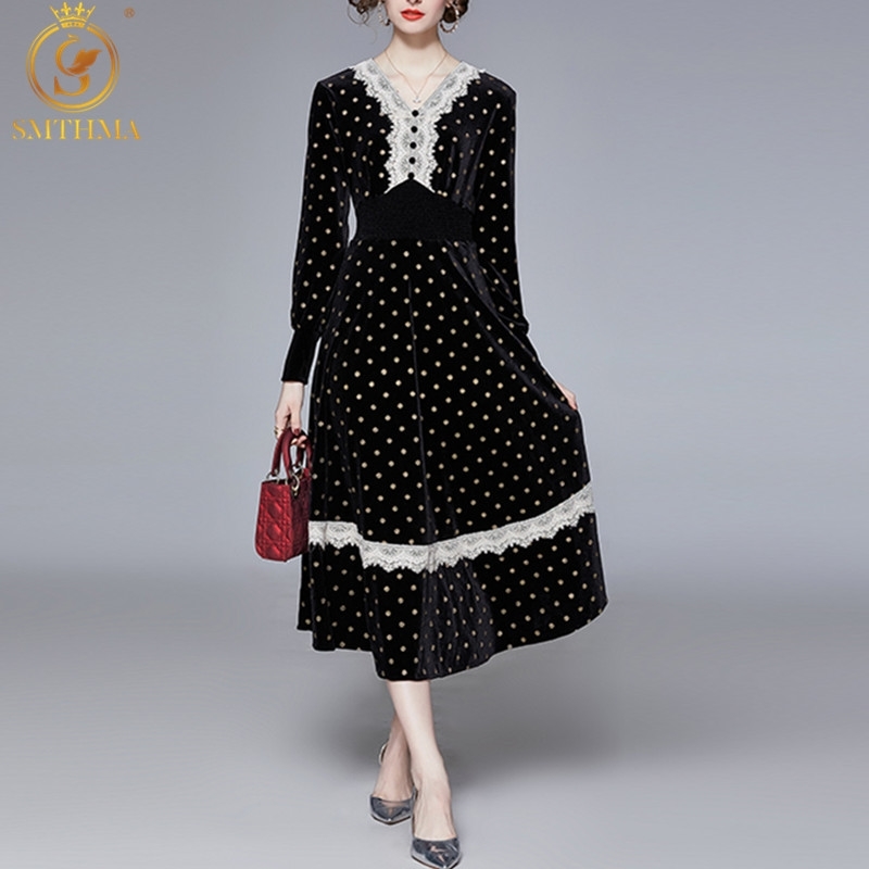 Fashion Designer Autumn Elegant Black Dot Velvet Dresses Women Luxury Lace Patchwork Vintage Midi Vestidos 210520, Photo color
Fashion Designer Autumn Elegant Black Dot Velvet Dresses Women Luxury Lace Patchwork Vintage Midi Vestidos 210520, Photo color