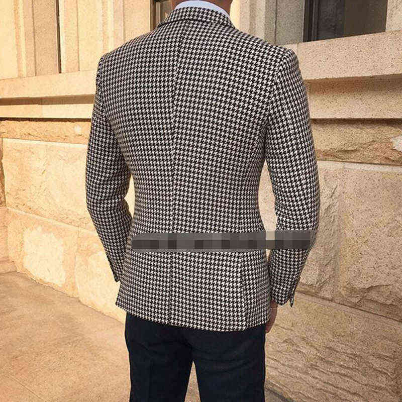Houndstooth Plaid Casual Blazer for Men Suit Jacket with 2 Side Slit Slim Fit Male Coat Fashion Clothes Arrival 211111