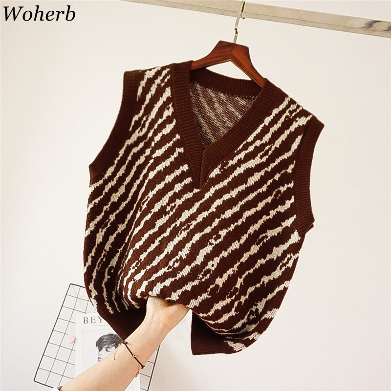 Zebra Pattern Vintage Knit Sweater Vest Women Fashion Sleeveless V-Neck Casual Tank Tops Autumn Pullovers 94099 210519