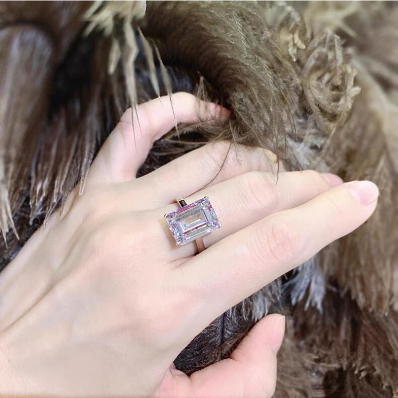 Ins Top Sell Wedding Rings Simple Fashion Jewelry 925 Sterling Silver Emerald Cut Large White Topaz CZ Diamond Party Women Open Adjustable Ring For Lo