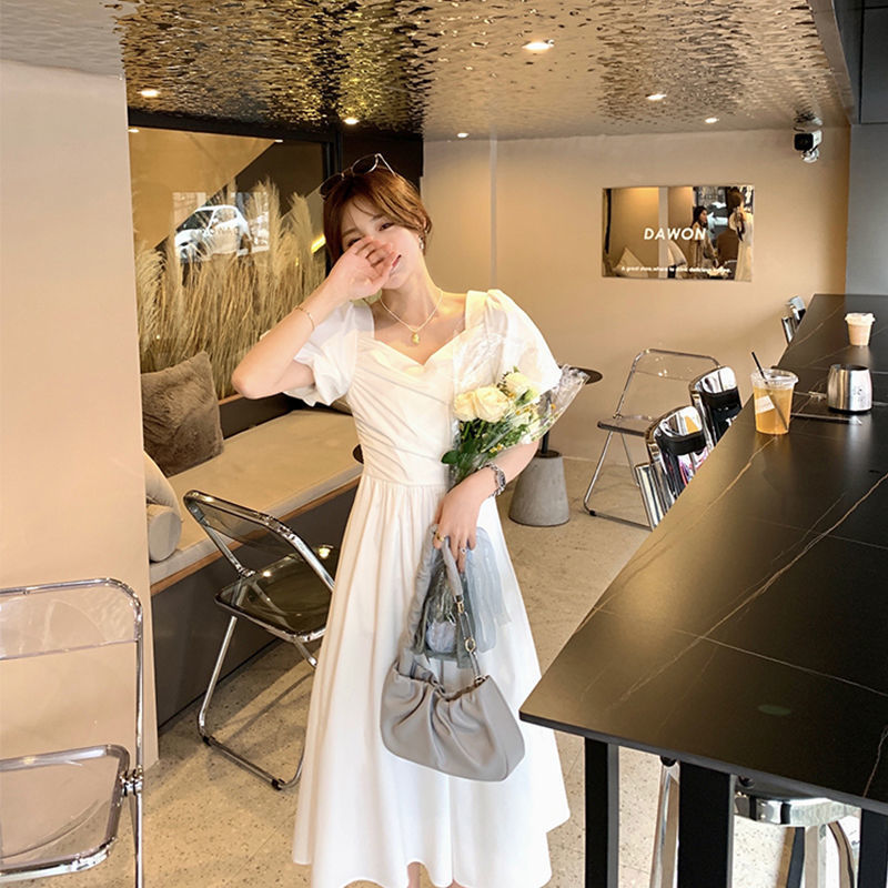 Chic French Vintage Midi Dresses Women Short Sleeve Casual Evening Dress Office Ladies One Piee Dress Korean Summer V-Neck 210521