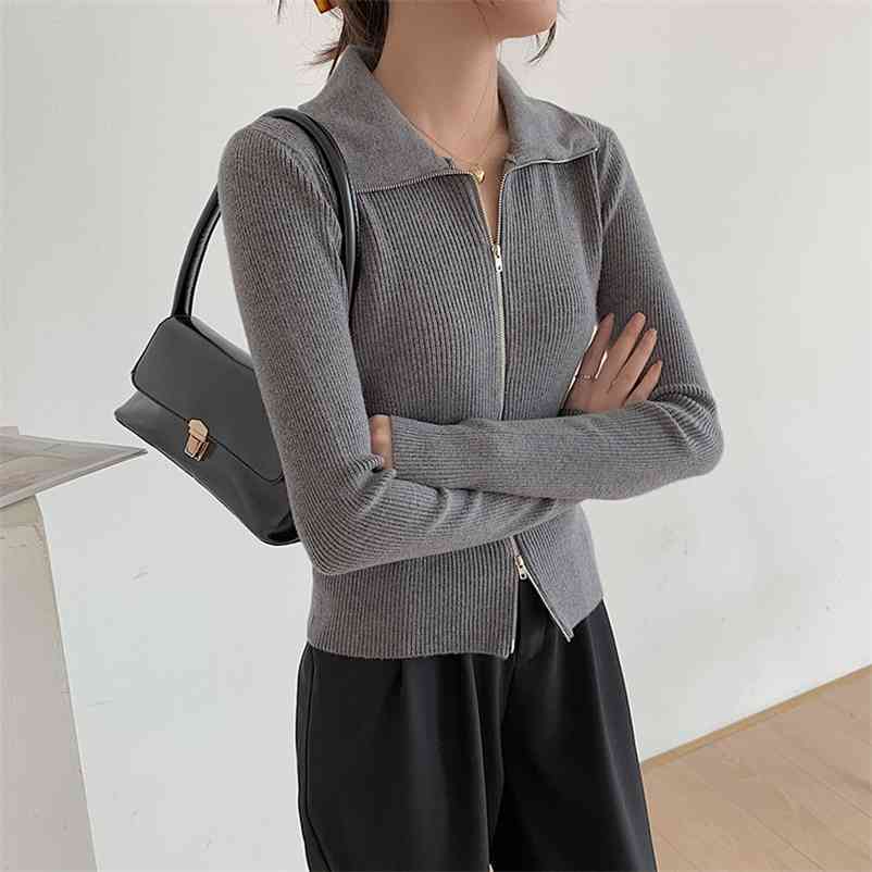Long Sleeve Solid Women Vintage Sweater Autumn Korean-Style Knitted Zip Cardigan Stripe Woolen Korean Top 2001C 210420