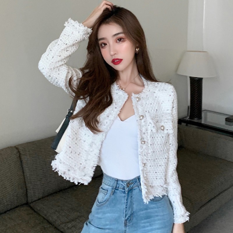 Autumn women Tweed Jacket high quality Small Fragrance Pearl single breasted Women Korean Short Elegant Coat 210519