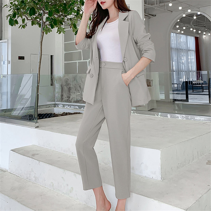 Solid Chic Elegance Slim Gentle All Match OL Blazer +Straight Loose Trouser Office Lady Women Suits 2 Piece Sets 210421