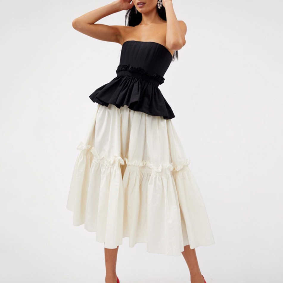 Chic Women's Patchwork Ruffled Pleated Temperament Dress Strapless Sleeveless Loose Fit Fashion Summer 210527