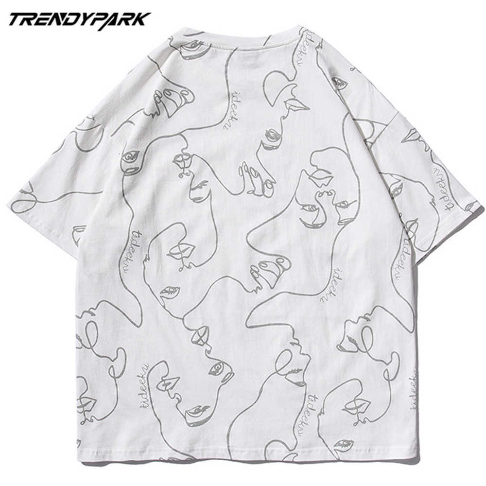 Men's T-shirt Reflection Lines Abstract Faces Summer Short Sleeve Hip Hop Oversize Cotton Casual Harajuku Streetwear Top Tshirts 210601