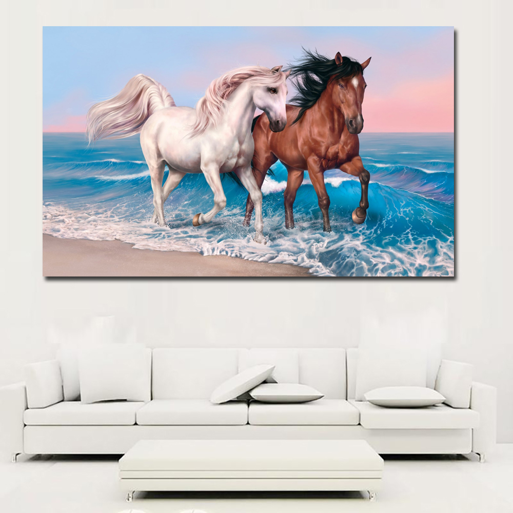 Two Horses Animals Painting Wall Art Canvas Posters and Prints Seawave Landscape Canvas Painting Modern Wall Picture