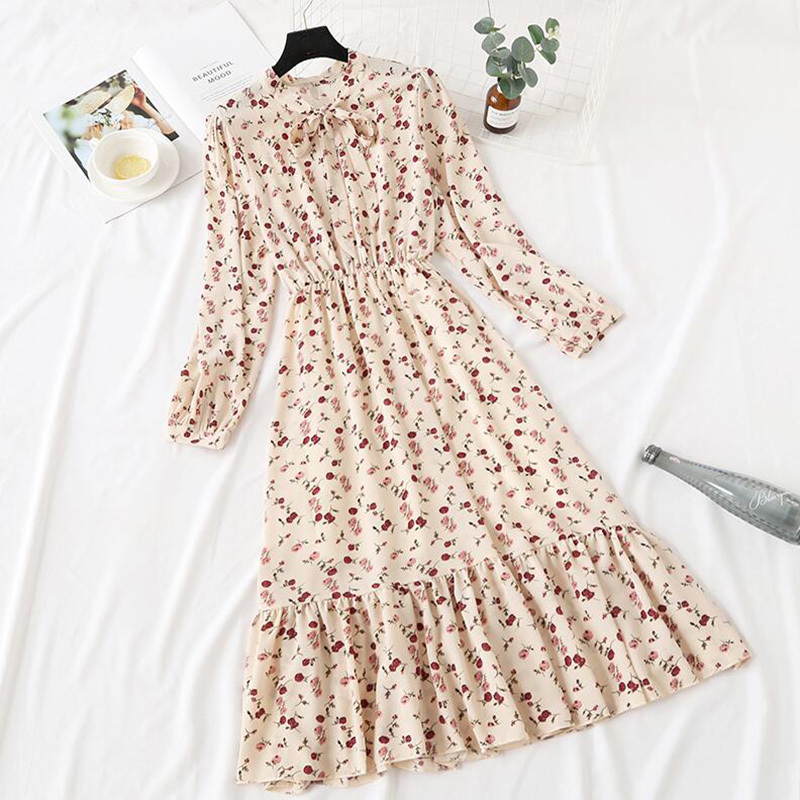 Women Dot Print Chiffon Dress Spring Autumn Long Sleeve Fashion Female Elegant Long Dress Bow Ruffles Robe Women Dresses 210521