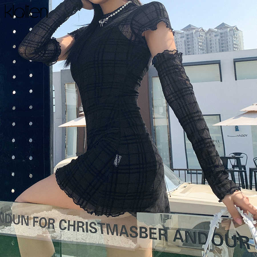 KLALIEN Spring Fashion Simple Plaid Patchwork Young Style Dress Women Casual Street Slim Office Lady Black Mini Dress 210630
