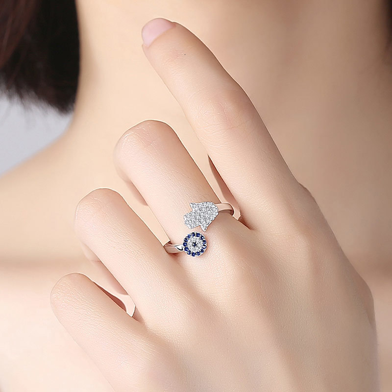 Kaletine 925 Sterling Silver Evil Blue Eye Hamsa Fatima Hand Adjustable Female Rings Open Size Ring Wedding Jewelry