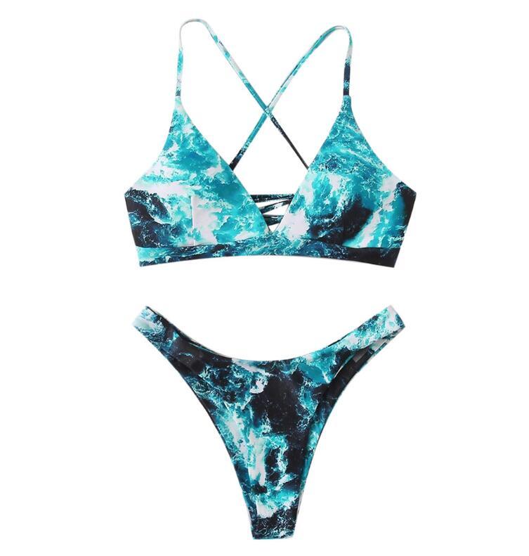 Beach Set Sexy Back Cross Lacing up Gradient Print Bikini Padded Bra Swimwear Swim Women Suit Swimsuit 2 pieces set 210429