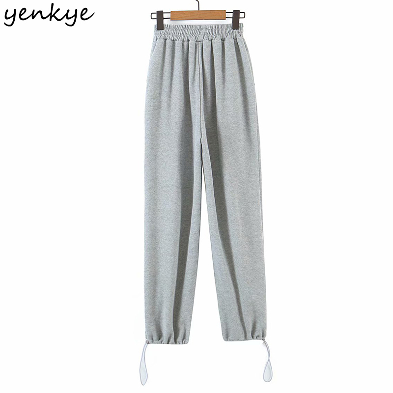 Vintage Solid Color Drawstring Sweatpants Women Elastic High Waist Trousers Casual Pants Loose femme pantalon 210430