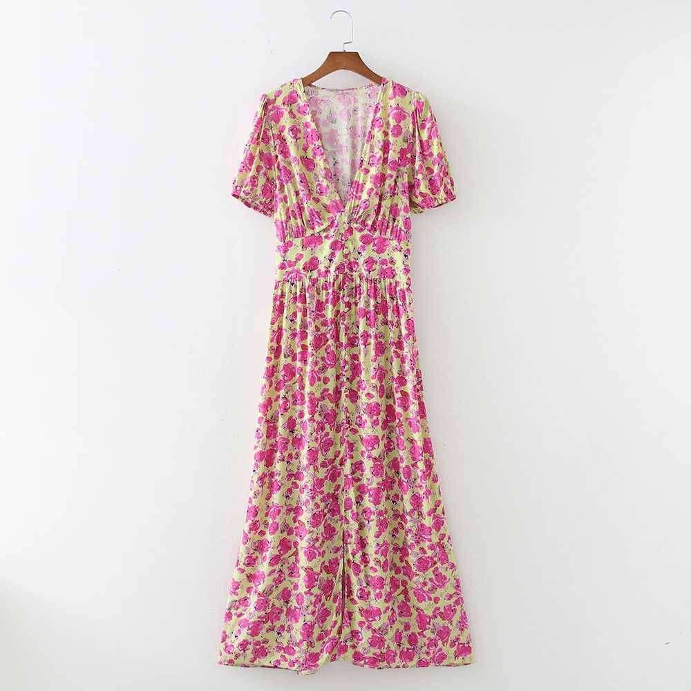 Women Summer Dress Fashion Short Sleeve V-neck Shirred Waist Floral Prints Midi Sundress 210602, As photo
Women Summer Dress Fashion Short Sleeve V-neck Shirred Waist Floral Prints Midi Sundress 210602, As photo