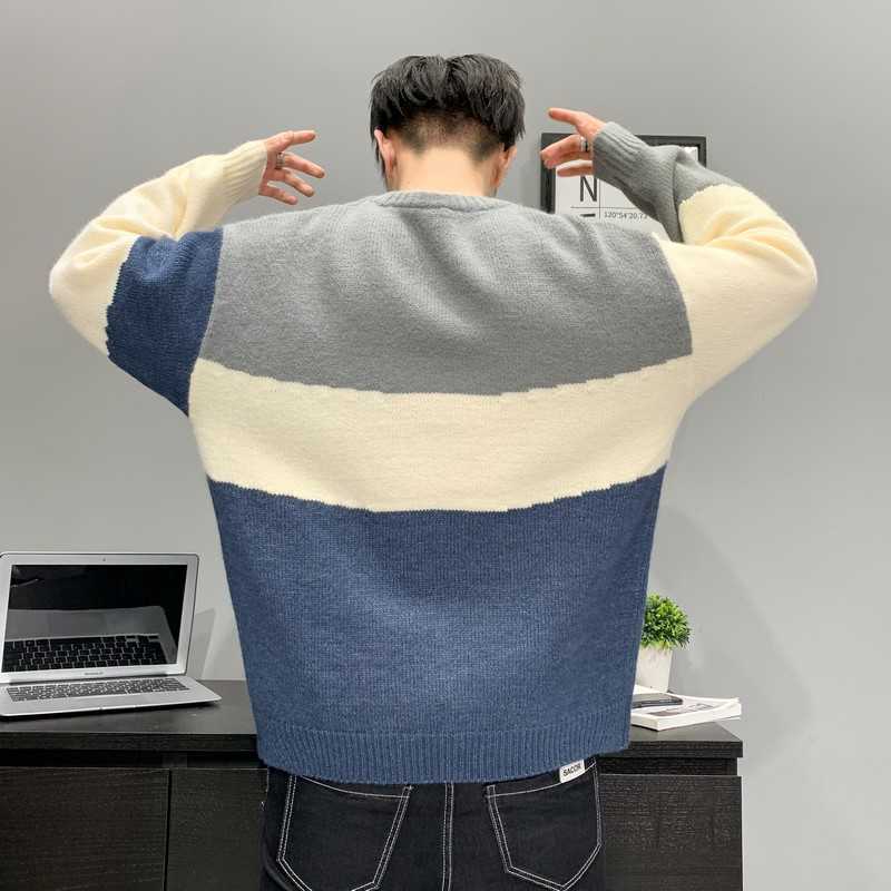 SFABL Oversize Sweater Men Streetwear Fashion Patchwork Hip Hop Autumn Winter Pullovers O-neck Casual Men's Sweaters Striped 210818
