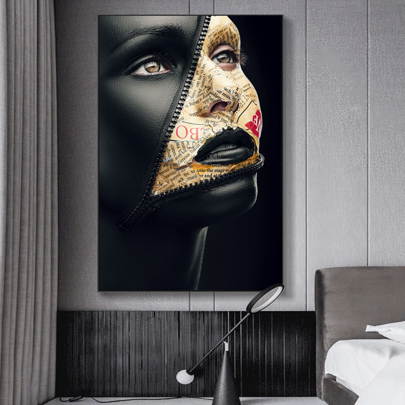 Black Woman Abstract Art Posters and Prints Zipper On Face Surrealistic Canvas Painting Modern Wall Art Pictures for Home Design