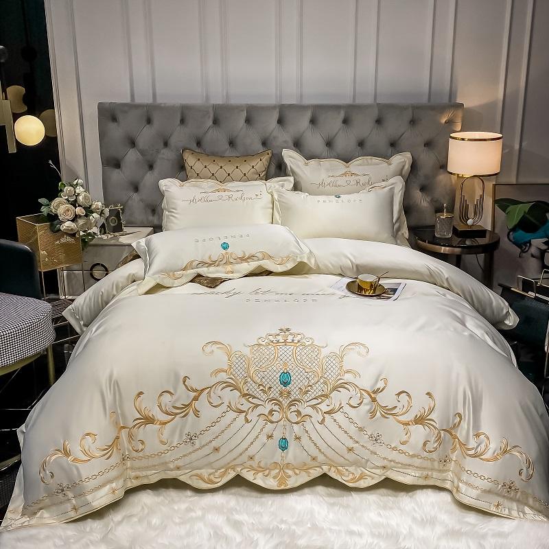 Luxury White Satin Silk Cotton Bedding Set Soft Silky Gold Embroidery Duvet Cover Flat/Fitted Sheet Pillowcases Home Textiles Sets