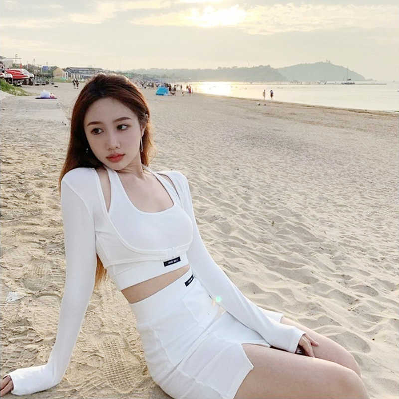 3 Pieces Sets White knitting Blouses + Tops+Skirt Summer Women Casual Sweet long Sleeve Tops And A Line Mini Skirts 210825