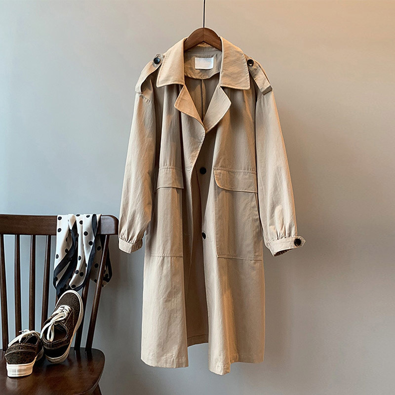 Women Solid Casual Trench Coat Turn Down Collar Loose Office Wear Long Coat Big Pocket Korean Gray Khaki Windbreaker 210414