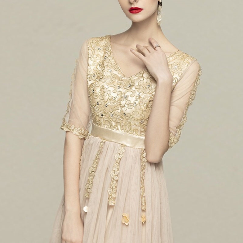 vintage retro high quality mesh embroideried v-neck maxi dress for party casual qaist half sleeve appliques vestidos 210421