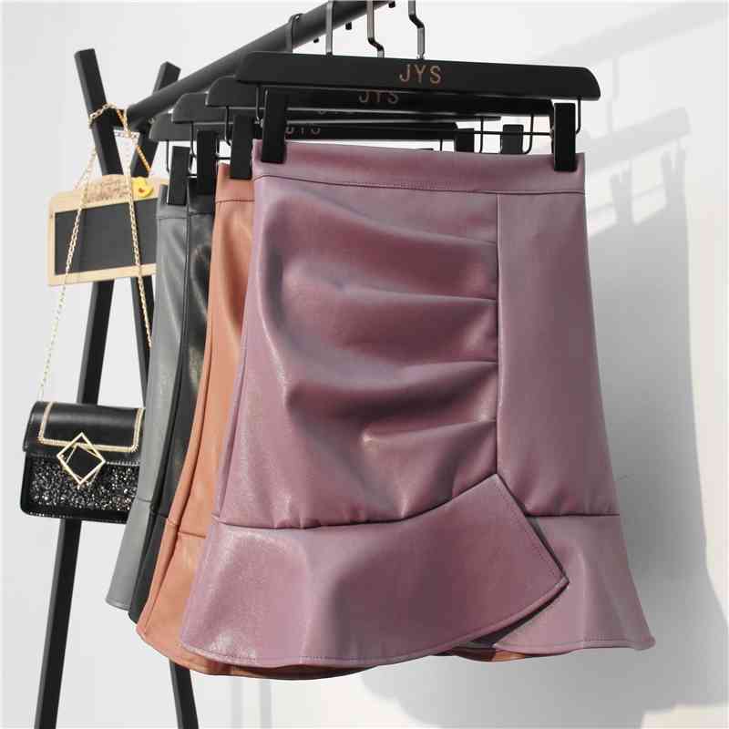 Elegant Solid Casual High Waist PU Fishtail Skirt Woman Autumn Slim Pleated Saias Faldas Feamle A-Line Mini 210514