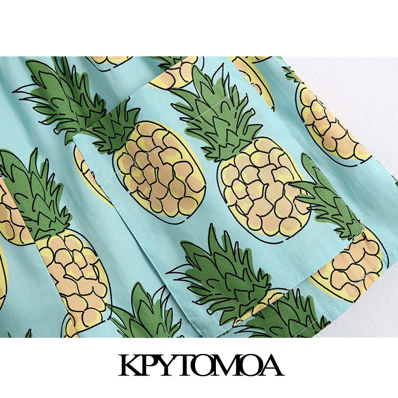 Women Chic Fashion Pineapple Print Shorts High Elastic Waist Patch Pockets Female Short Pants Pantalones 210420