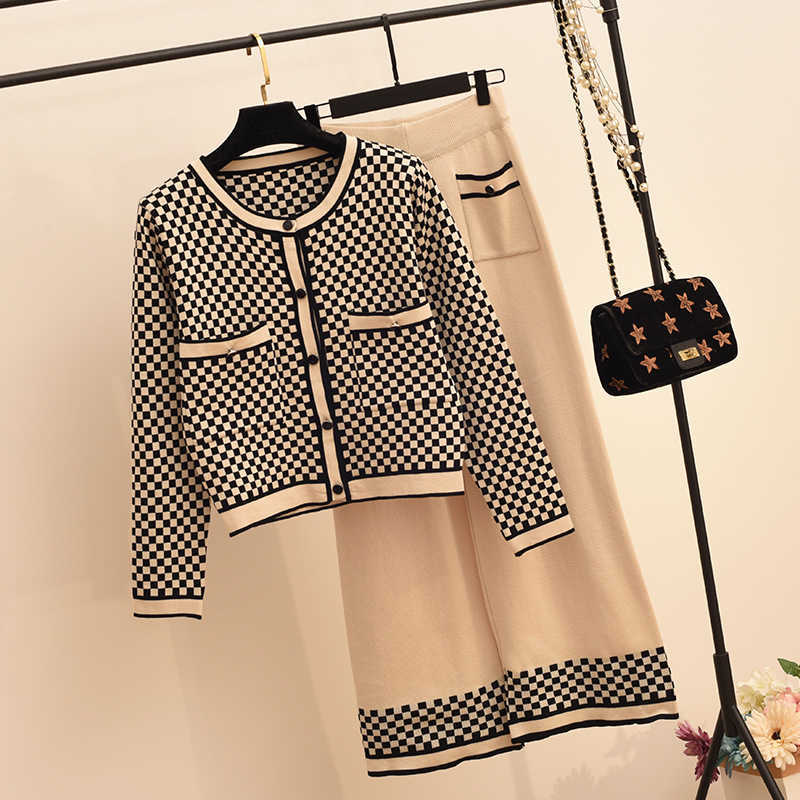 Autumn Suit Outfits for Women 2 Piece Set O-Neck Plaid Cardigan Wide Leg Pants Fashion Knitted Two Piece Set Ropa Mujer 211007
