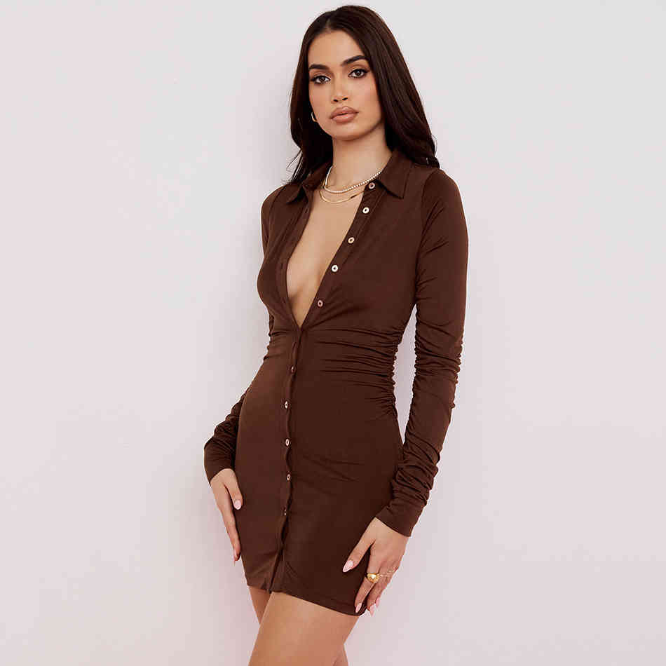 Ladies Brown Shirt Dress Mini Ruffled Stretch Single Breasted Fashion Long Sleeve Summer Women Sexy Party 210525