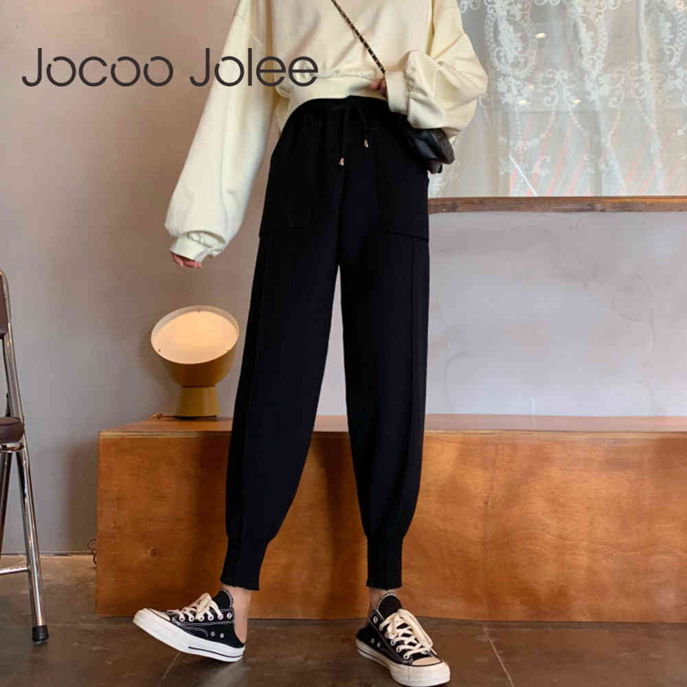Chic Autumn Winter Drawstring Harem Pants Women Sweatpants Female Loose Trousers Knitted With Pockets Radish pants 210428