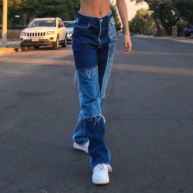 Contrast Color Jeans Women's Spring Stitching High Waist Casual Straight Female Streetwear Cowboy Pants 5A77 210427