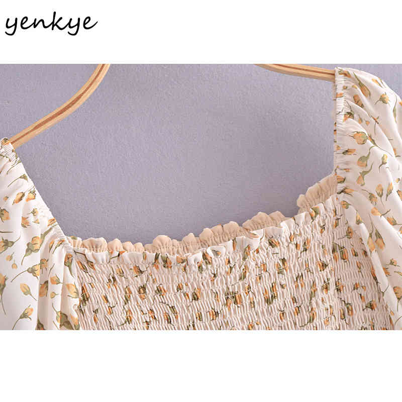 YENKYE Vintage Floral Print Chiffon Dress Women Elegant Square Neck Sexy Slits Vestido Female Summer Holiday Party Dresses 210515