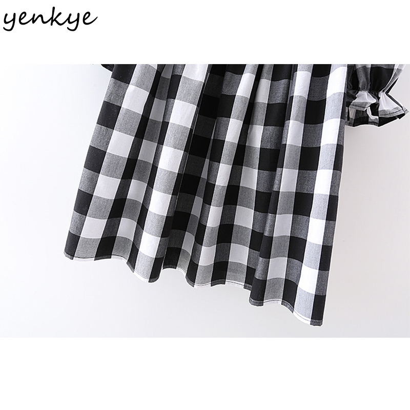 Vintage Plaid Dress Elegant Women Sexy Square Neck Puff Sleeve A-line Cotton Casual Summer Short Vestido 210430