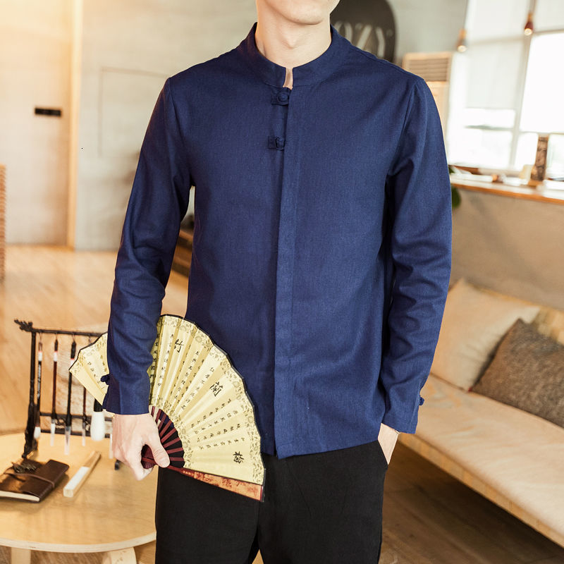 IEFB Chinese Style Cotton Hemp Large Size Shirt Men's Long Sleeve Stand Collar Tang Suit Tops Spring Summer 9Y6021 210524